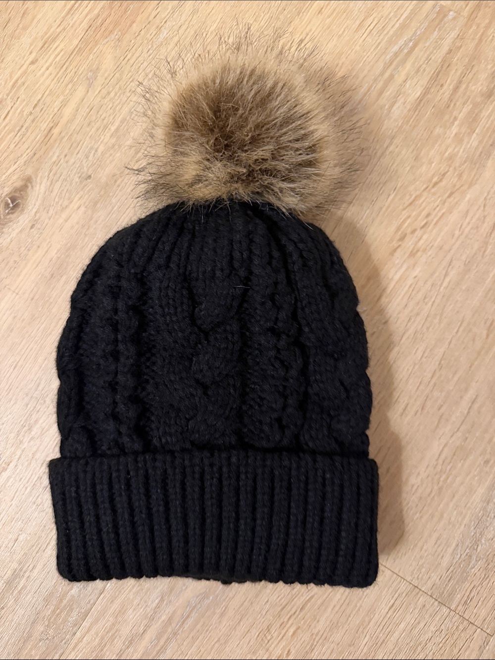 Kids Black Cable Knit Pom Beanie with Brown Faux Fur Pom